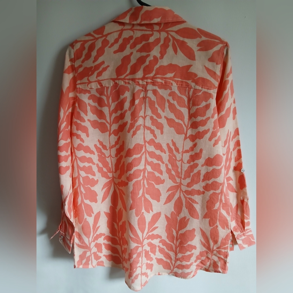 Rachel Zoe 100% Linen Orange Leaf Print Blouse SzSm Oversized Roll Tab Sleeve - Picture 6 of 9